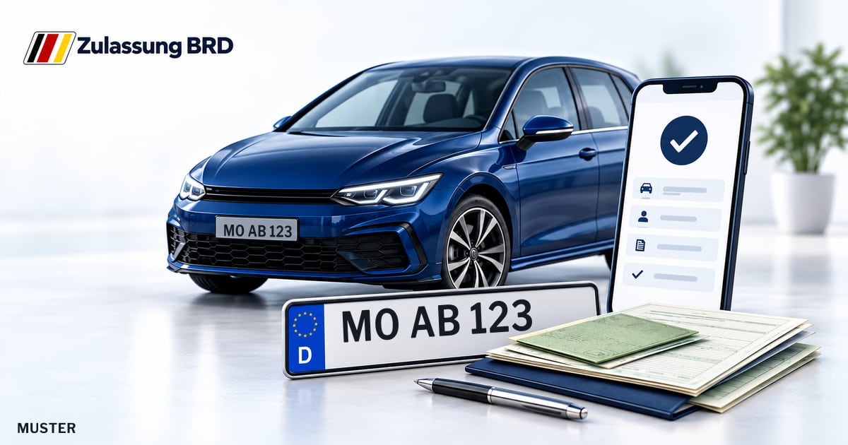 Online Fahrzeugzulassung in Kamp-Lintfort: Musterkennzeichen MO AB 123, Auto und Fahrzeugpapiere und Smartphone. Illustration mit Logo von Zulassung BRD.